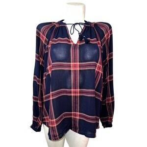 Lucky Brand Womens Size L Blue Burgundy Plaid Tassel Tie Neck Long Sleeve Blouse
